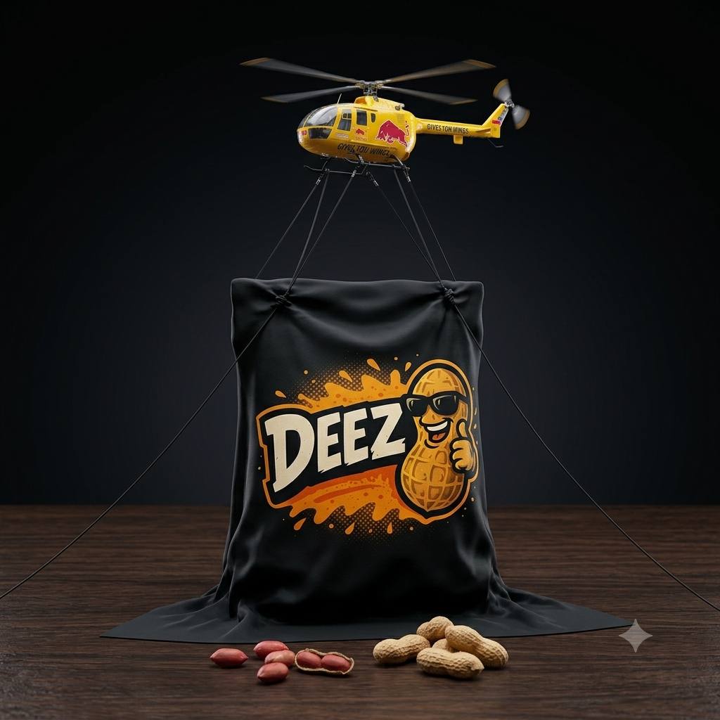 DEEZ sack of groundnuts suspended by cable from a helicopter